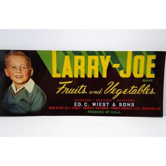 Larry Joe Fruit Crate Label Young Smiling Boy Original Vintage 1950's Vegetables - Picture 5 of 5